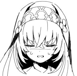 Rule 34 | 1girl, blue archive, closed eyes, commentary request, facing viewer, greyscale, hair between eyes, long hair, monochrome, nun, portrait, sakurako (blue archive), seramikku, shaded face, simple background, solo, sweat, veil, white background