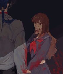 Rule 34 | 1boy, 1girl, absurdres, blood, blood on clothes, blood on face, blood splatter, blue hair, brown eyes, brown hair, collar, commentary, cu chulainn (fate), cu chulainn (fate/extra), earrings, expressionless, fate/extra, fate (series), from behind, highres, jewelry, kishinami hakuno (female), long hair, long sleeves, ponytail, sailor collar, school uniform, smoke, symbol-only commentary, tsukumihara academy uniform (fate/extra ccc), uniwa mochikawa, wavy hair