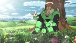 Rule 34 | 1boy, absurdres, android, android 16, bird, dragon ball, dragonball z, halo, highres, nature