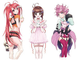 Rule 34 | 3girls, ahoge, ass, back, belt, breasts, brown eyes, brown hair, choker, dress, frills, fur, hair ornament, harold berselius, jako (toyprn), lips, long hair, multiple girls, nanaly fletch, open mouth, pink hair, purple eyes, reala (tales), red eyes, red hair, ribbon, short hair, short shorts, shorts, smile, tales of (series), tales of destiny 2, thighhighs, twintails