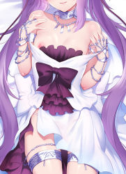 Rule 34 | 1girl, armlet, bare shoulders, blush, bracelet, breasts, clothes pull, dakimakura (medium), dress, dress pull, euryale (fate), euryale (third ascension) (fate), fate/grand order, fate/hollow ataraxia, fate (series), frilled hairband, frills, hairband, highres, jewelry, long hair, lying, m-da s-tarou, neck ring, necklace, nipples, on back, open mouth, parted bangs, purple hair, sidelocks, small breasts, smile, solo, twintails, very long hair, white dress