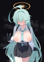 Rule 34 | 1girl, ahoge, black background, black gloves, black skirt, blue archive, blue necktie, blush, breasts, closed mouth, collared shirt, gloves, green hair, halo, heart, highres, hizikata398, large breasts, long hair, long sleeves, necktie, nipples, pleated skirt, shirt, simple background, skirt, solo, sweat, white shirt, yellow halo, yume (blue archive)