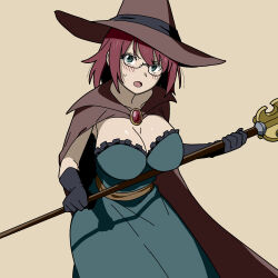 Rule 34 | 1girl, breasts, cape, cleavage, dress, glasses, goblin slayer!, green dress, green eyes, hat, large breasts, red hair, solo, witch hat, wizard (goblin slayer!)