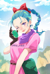 Rule 34 | 1girl, ;), belt, belt buckle, belt pouch, blue hair, blue sky, blurry, blurry background, bow, braid, braided ponytail, brown belt, buckle, bulma, character name, closed mouth, clothes writing, cloud, colored eyelashes, commentary request, compass, day, dragon ball, dragon ball (classic), dragon radar, dress, eyelashes, forehead, hair bow, hair tie, hand up, highres, holding, lips, long hair, moroi, mountain, one eye closed, outdoors, pink dress, pouch, purple eyes, purple scarf, red bow, scarf, short sleeves, signature, single braid, sky, smile, solo, standing