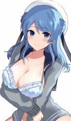 Rule 34 | 1girl, blue bra, blue eyes, blue hair, blush, bra, breasts, cleavage, closed mouth, collarbone, double bun, grey jacket, hair bun, hat, highres, jacket, kantai collection, large breasts, long hair, long sleeves, looking at viewer, open clothes, open jacket, senbei (senbe i), simple background, smile, solo, underwear, upper body, urakaze (kancolle), white background, white hat