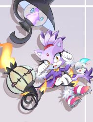 Rule 34 | 1girl, animal ears, blaze the cat, cat ears, cat girl, cat tail, chandelure, creatures (company), eyelashes, fang, fire, forehead jewel, fur-trimmed footwear, fur-trimmed gloves, fur trim, furry, furry female, game freak, gen 5 pokemon, ghost, gloves, gold necklace, highres, jacket, jewelry, krystalstar70, lampent, litwick, necklace, nintendo, pants, paw pose, pokemon, pokemon (creature), ponytail, purple fur, purple jacket, sonic (series), sweatdrop, tail, white gloves, white pants, yellow eyes