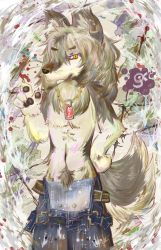 Rule 34 | animal ears, dog tags, furry, furry male, highres, male focus, overalls, pubic hair, solo, suggestive