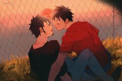 Rule 34 | 2boys, arm support, bite mark, black hair, black shirt, blue pants, blush, chain-link fence, commentary request, demorzel, earrings, facial hair, fence, goatee, highres, imminent kiss, jewelry, looking at another, male focus, monkey d. luffy, multiple boys, one piece, open mouth, outdoors, pants, red shirt, scar, scar on face, shirt, short hair, short sleeves, sitting, tongue, trafalgar law, yaoi, yellow eyes