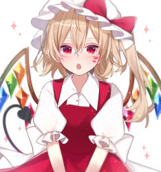 Rule 34 | + +, 1girl, :o, back bow, blonde hair, blouse, blush, bow, commentary, crystal, fang, flandre scarlet, hair between eyes, hat, hat bow, heart, highres, laevatein (tail), long hair, looking at viewer, mob cap, open mouth, puffy short sleeves, puffy sleeves, red bow, red eyes, red skirt, red vest, shirt, short sleeves, side ponytail, simple background, skirt, solo, sparkle, star-shaped pupils, star (symbol), symbol-shaped pupils, tail, touhou, upper body, vest, white background, white bow, white hat, white shirt, wings, yurui tuhu
