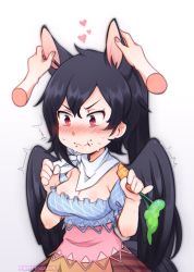 Rule 34 | 1girl, animal ear fluff, animal ears, artist name, bandana, black hair, black wings, blue shirt, blush, breasts, carrot, cleavage, closed mouth, commentary, disembodied limb, eating, english commentary, feathered wings, food, food on face, gradient background, grey background, heart, highres, holding, holding food, horse ears, kurokoma saki, long hair, medium breasts, no headwear, nose blush, puffy short sleeves, puffy sleeves, red eyes, sami (pirateyoukai), shirt, short sleeves, solo focus, sweat, touhou, uncommon stimulation, upper body, white background, wings