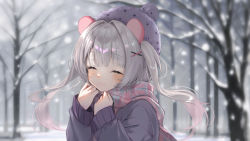 Rule 34 | 1girl, ^ ^, absurdres, animal ears, bad id, bad pixiv id, bare tree, beanie, blurry, blurry background, blush, clenched hands, closed eyes, closed mouth, coat, commission, eunip, fake animal ears, grey background, grey hair, grey sky, hat, highres, long hair, original, outdoors, pink scarf, plaid, plaid scarf, pom pom (clothes), pom pom beanie, purple coat, scarf, sky, smile, snow, snowing, standing, tree, twintails, winter