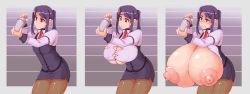 Rule 34 | 1girl, absurdres, bartender, breast expansion, cocktail shaker, commentary, english commentary, english text, highres, jill stingray, kittenboogers, long hair, necktie, nipples, purple hair, red eyes, solo, twintails, va-11 hall-a