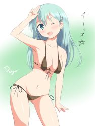 Rule 34 | 10s, 1girl, aqua eyes, aqua hair, bikini, blush, breasts, cleavage, deego (omochi bazooka), covered erect nipples, kantai collection, long hair, looking at viewer, navel, one eye closed, open mouth, smile, solo, standing, suzuya (kancolle), swimsuit