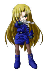 Rule 34 | 00s, 1girl, belt, boots, brown pantyhose, chibi, dagger, due (nanoha), female focus, full body, holding, holding weapon, knee boots, knife, long hair, long sleeves, looking at viewer, lyrical nanoha, mahou shoujo lyrical nanoha, mahou shoujo lyrical nanoha strikers, numbers (nanoha), pantyhose, parted bangs, simple background, solo, standing, u-ka, uka, uniform, very long hair, weapon, white background