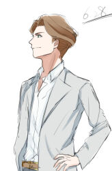 Rule 34 | 1boy, andrew hanbridge, arms at sides, belt, blue pants, brown belt, brown hair, cowboy shot, green eyes, grey shirt, hair intakes, hand on own hip, lapels, little witch academia, male focus, notched lapels, pants, partially unbuttoned, rmy-nh, shirt, simple background, smile, solo, standing, white background, white shirt
