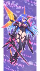 Rule 34 | 10s, 1girl, armor, blue hair, bodysuit, breasts, cleavage, clothing cutout, detached sleeves, frown, highres, iris heart, legs, mizunashi (second run), navel, navel cutout, neptune (series), pururut, red eyes, solo, sword, symbol-shaped pupils, weapon, wings