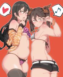 Rule 34 | 10s, 2girls, animal print, ass, bad id, bad twitter id, belly, black hair, breasts, brown eyes, butt crack, chikuma (kancolle), covered erect nipples, emu (eomou), heart, heart-shaped pupils, highres, kantai collection, leopard print, long hair, love live!, love live! school idol project, medium breasts, multiple girls, musical note, navel piercing, piercing, plump, quaver, short shorts, shorts, sideboob, skindentation, spoken heart, spoken musical note, symbol-shaped pupils, thick thighs, thighhighs, thighs, tone (kancolle), tojo nozomi, twintails, underboob, yazawa nico