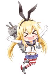 Rule 34 | &gt; &lt;, 10s, 1girl, :3, :d, anchor hair ornament, blonde hair, blush, chibi, closed eyes, elbow gloves, gloves, hair ornament, highres, kantai collection, long hair, machinery, navel, nichika (nitikapo), open mouth, outstretched arms, pleated skirt, rensouhou-chan, school uniform, serafuku, shimakaze (kancolle), simple background, skirt, smile, solo, spread arms, striped clothes, striped thighhighs, thighhighs, turret, white background, white gloves, x3, xd, zettai ryouiki