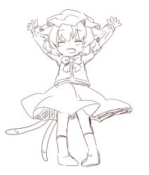 Rule 34 | 1girl, animal ears, arms up, bad id, bad pixiv id, bow, cat ears, cat tail, chen, closed eyes, earrings, hat, jewelry, kuromame (8gou), monochrome, multiple tails, open mouth, short hair, simple background, sketch, solo, tail, touhou, white background