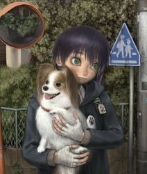 Rule 34 | 1boy, absurdres, animal, animal feet, bandaged hand, bandages, black hair, black jacket, brown fur, bush, chain-link fence, closed mouth, collar, dog, expressionless, fence, green eyes, highres, holding, holding animal, holding dog, jacket, kenmochi touya, nijisanji, outdoors, sign, tree, white fur, yakito lulu