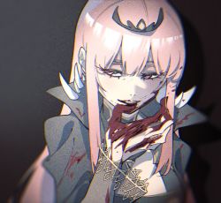 Rule 34 | 1girl, black cloak, blood, blood on clothes, blood on face, blood on hands, blurry, blurry background, cloak, eyelashes, film grain, half-closed eyes, hololive, hololive english, long eyelashes, long hair, longlong (drasdr7513), mori calliope, parted lips, pink eyes, pink hair, see-through, smile, solo, spikes, teeth, tiara, upper body, upper teeth only, virtual youtuber