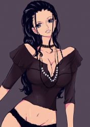 Rule 34 | 1girl, armlet, black hair, black shorts, blue background, blue eyes, border, bracelet, breasts, claw pose, claw ring, cleavage, cowboy shot, earrings, eyeshadow, female focus, highres, jewelry, large breasts, lips, lipstick, long hair, makeup, nail polish, navel, necklace, nico robin, one piece, ring, sherumaru (korcht06), short shorts, shorts, smile, solo, teeth, white border