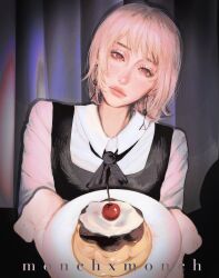 Rule 34 | 1girl, artist name, black ribbon, chainsaw man, cherry, closed mouth, curtains, dessert, dress, earrings, eyelashes, fami (chainsaw man), food, fourth east high school uniform, fruit, head tilt, highres, holding, holding plate, jewelry, looking at viewer, mole, mole under eye, mole under mouth, monchxmonch, multiple moles, pinafore dress, pink eyes, pink hair, plate, ribbon, ringed eyes, school uniform, shirt, short hair, sleeveless dress, solo, twitter username, white shirt