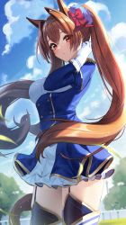 Rule 34 | 1girl, :o, absurdres, animal ears, blue sky, bow, breasts, brown hair, cloud, daiwa scarlet (umamusume), day, epaulettes, garter straps, gloves, grass, hair between eyes, hair bow, highres, horse ears, horse girl, horse tail, long hair, looking at viewer, medium breasts, outdoors, red bow, red eyes, sky, solo, standing, tail, takom, thighs, tiara, twintails, umamusume, white gloves, wind