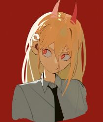 Rule 34 | 1girl, black necktie, blonde hair, chainsaw man, collared shirt, cross-shaped pupils, hair between eyes, highres, horns, joosibi, long hair, looking to the side, necktie, open mouth, power (chainsaw man), red background, red eyes, red horns, sharp teeth, shirt, simple background, solo, symbol-shaped pupils, teeth, upper body, white shirt