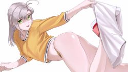 Rule 34 | 1girl, absurdres, ahoge, antenna hair, ass, bare legs, breasts, unworn clothes, green eyes, grey hair, highres, kantai collection, kinugasa (kancolle), long sleeves, looking at viewer, no pants, ojipon, open mouth, orange panties, panties, shoes, simple background, smile, solo, striped, underwear, undressing, white background, yellow panties