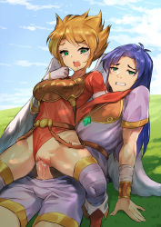 Rule 34 | 1boy, 1girl, blonde hair, blue hair, boots, breath of fire, breath of fire i, capcom, clothed sex, clothing aside, gao (gaolukchup), gloves, green eyes, hetero, highres, leotard, leotard aside, long hair, nina (breath of fire i), open mouth, outdoors, pussy, pussy juice, reverse cowgirl position, ryuu (breath of fire i), sex, sex from behind, shade, short hair, straddling, tears, uncensored, vaginal, wavy mouth, wince, wings