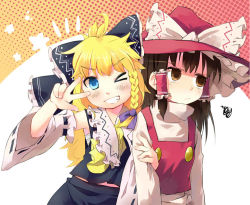 Rule 34 | &gt; o, 2girls, ahoge, alternate color, annoyed, arm grab, blonde hair, blue eyes, bow, braid, breasts, brown eyes, brown hair, color switch, cosplay, costume switch, detached sleeves, dress, frown, grin, hair bow, hair tubes, hakurei reimu, hat, hat bow, kirisame marisa, long sleeves, messy hair, multiple girls, one eye closed, red dress, ribbon-trimmed sleeves, ribbon trim, sarashi, shirt, single braid, skirt, skirt set, smile, spoken squiggle, squiggle, taker (flamestorm), touhou, unamused, v, v over eye, wide sleeves, witch hat