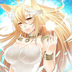 Rule 34 | 1girl, animal ear fluff, animal ears, blonde hair, blush, breasts, concon-collector, fox ears, large breasts, long hair, mofuaki, official art, smile, solo, very long hair, yellow eyes