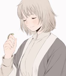 Rule 34 | 1girl, animal, animal on hand, blush, bug, caterpillar, closed eyes, closed mouth, dungeon meshi, falin touden, falin touden (tallman), frs2, grey hair, grey jacket, hand up, highres, jacket, long sleeves, short hair, simple background, smile, upper body, white background