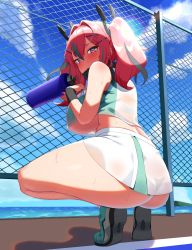 Rule 34 | 1girl, alternate costume, ass, azur lane, bare shoulders, black panties, blue sky, blush, breasts, bremerton (azur lane), bremerton (scorching-hot training) (azur lane), chain-link fence, cloud, crop top, day, fence, from behind, grey hair, hair between eyes, hair ornament, hairclip, hand up, headgear, highres, holding, horizon, large breasts, long hair, looking at viewer, looking back, mole, mole under eye, multicolored hair, nail polish, ocean, outdoors, panties, parted lips, pink eyes, pink hair, pink nails, see-through, shadow, shinatsukou, shirt, shoes, skirt, sky, sleeveless, sleeveless shirt, sneakers, solo, squatting, streaked hair, sweat, thick thighs, thighs, tiptoes, twintails, underboob, underwear, white skirt, x hair ornament
