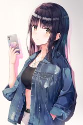 1girl batto_neko belt black_belt black_hair black_sports_bra blue_jacket brown_eyes cellphone closed_mouth collarbone hand_in_pocket hand_up highres holding holding_phone jacket jewelry long_hair looking_at_viewer necklace open_clothes open_jacket original panties phone simple_background smartphone smile solo sports_bra underwear upper_body white_background white_panties