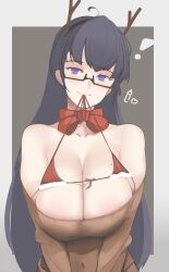 Rule 34 | !, 1girl, antlers, areola slip, bad id, bad pixiv id, bare shoulders, bikini, bikini top lift, black-framed eyewear, black hair, blue eyes, bow, bowtie, breasts, brown shirt, christmas, cleavage, closed mouth, clothes lift, collarbone, covered navel, fake antlers, folait, glasses, highres, horns, large breasts, lifting own clothes, long hair, long sleeves, looking at viewer, mole, mole on breast, mouth hold, original, red bikini, red bow, red bowtie, shirt, smile, solo, swimsuit, upper body