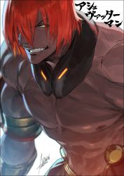 Rule 34 | 1boy, abs, armor, artist name, ashwatthama (fate), azusa (hws), bara, dark-skinned male, dark skin, fate/grand order, fate (series), glowing, gradient hair, hair over one eye, large pectorals, light, looking at viewer, male focus, medium hair, multicolored hair, muscular, navel, nipples, one eye covered, pectorals, red hair, signature, simple background, sketch, smirk, solo, teeth, topless male, upper body, white background, yellow eyes