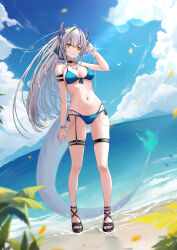 Rule 34 | 1girl, absurdres, armlet, beach, bikini, black choker, blue bikini, blue sky, blurry, bracelet, breasts, character request, choker, closed mouth, cloud, cloudy sky, commentary request, copyright request, dasiu, depth of field, front-tie bikini top, front-tie top, full body, grey hair, hand up, highres, horns, jewelry, lens flare, long hair, looking at viewer, medium breasts, multi-strapped bikini, navel, necklace, ocean, outdoors, sandals, side-tie bikini bottom, sky, smile, solo, standing, swimsuit, tail, thigh strap, virtual youtuber, yellow eyes