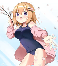 Rule 34 | 1girl, blonde hair, blue one-piece swimsuit, branch, breasts, cherry blossoms, covered navel, gochuumon wa usagi desu ka?, hair ornament, hairclip, highres, hoto cocoa, inakami, jacket, medium breasts, old school swimsuit, one-piece swimsuit, petals, pink jacket, purple eyes, school swimsuit, short hair, solo, swimsuit, swimsuit under clothes