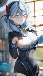 1girl ako_(blue_archive) bell black_gloves blue_archive blue_collar blue_eyes blue_hair blue_hairband blue_jacket blurry blush bookshelf breasts buttons closed_mouth collar commentary cowbell cowboy_shot depth_of_field gloves hairband half_gloves halo hands_on_own_chest highres jacket kangshi large_breasts light_particles medium_hair sideboob solo window