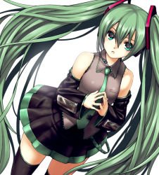 Rule 34 | 1girl, :o, aqua eyes, aqua hair, bad id, bad pixiv id, bare shoulders, black thighhighs, blush, detached sleeves, green hair, hatsune miku, headset, long hair, looking at viewer, miniskirt, necktie, own hands together, pleated skirt, simple background, skirt, solo, steepled fingers, takemori shintarou, thighhighs, twintails, very long hair, vocaloid, zettai ryouiki