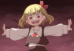 Rule 34 | 1girl, absurdres, black skirt, black vest, blonde hair, blush, collared shirt, female focus, hair ribbon, highres, kame (kamepan44231), long sleeves, looking at viewer, open mouth, outstretched arms, red eyes, red ribbon, ribbon, rumia, shirt, short hair, skirt, smile, solo, spread arms, teeth, touhou, upper body, vest, white shirt