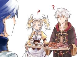 Rule 34 | 1girl, 2boys, 2girls, artist request, blonde hair, blue eyes, blue hair, brother and sister, candy, chrom (fire emblem), dress, fire emblem, fire emblem awakening, food, gloves, hair ornament, lissa (fire emblem), long hair, meat, multiple boys, multiple girls, nintendo, robin (fire emblem), robin (male) (fire emblem), short hair, short twintails, siblings, smile, twintails, white background, white hair