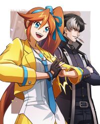 Rule 34 | 1boy, 1girl, ace attorney, athena cykes, bags under eyes, belt, black coat, black jacket, black necktie, black pants, blue eyes, blue necktie, blue ribbon, border, coat, crossed arms, dated, earrings, feather in mouth, fon-due (fonfon), gloves, jacket, jewelry, long sleeves, necktie, open mouth, pants, phoenix wright: ace attorney - dual destinies, ponytail, ribbon, shirt, short hair, signature, simon blackquill, single glove, white border, white shirt, yellow jacket