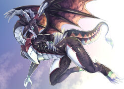 animal_feet claws closed_mouth dragon dragon_girl dragon_horns dragon_tail dragon_wings dragonmaid_sheou duel_monster horns k.nock red_wings tail thighs wings yu-gi-oh!