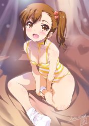 Rule 34 | 1girl, breasts, brown eyes, brown hair, camisole, cleavage, futami mami, highres, idolmaster, idolmaster (classic), inoue sora, looking at viewer, open mouth, panties, revision, short hair, side ponytail, sitting, small breasts, smile, solo, striped clothes, striped panties, underwear