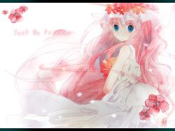 Rule 34 | 1girl, blue eyes, dress, flower, head wreath, holding, holding flower, just be friends (vocaloid), long hair, megurine luka, pink hair, rinndouk, song name, vocaloid, wavy hair, white background, white dress