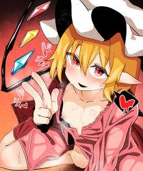 Rule 34 | 1girl, absurdres, blonde hair, blush, breasts, commentary request, crystal, fang, flandre scarlet, foot out of frame, hair between eyes, hat, heart, highres, looking at viewer, loose clothes, loose shirt, medium hair, mob cap, nipples, open mouth, pink shirt, pointy ears, pussy, pussy juice, red eyes, rinyamame, shirt, sitting, small breasts, smile, solo, spoken heart, sweat, touhou, uncensored, wariza, white hat, wings