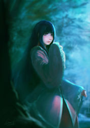Rule 34 | 1girl, artist name, backlighting, bad id, bad pixiv id, black hair, blurry, brown eyes, collar, depth of field, eyelashes, forest, frilled collar, frilled sleeves, frills, gradient background, hand up, highres, hime cut, houraisan kaguya, japanese clothes, kimono, light smile, lips, long hair, long skirt, long sleeves, looking to the side, looking up, matsura ichirou, moonlight, nature, night, nose, red skirt, signature, skirt, solo, standing, touhou, very long hair, wide sleeves